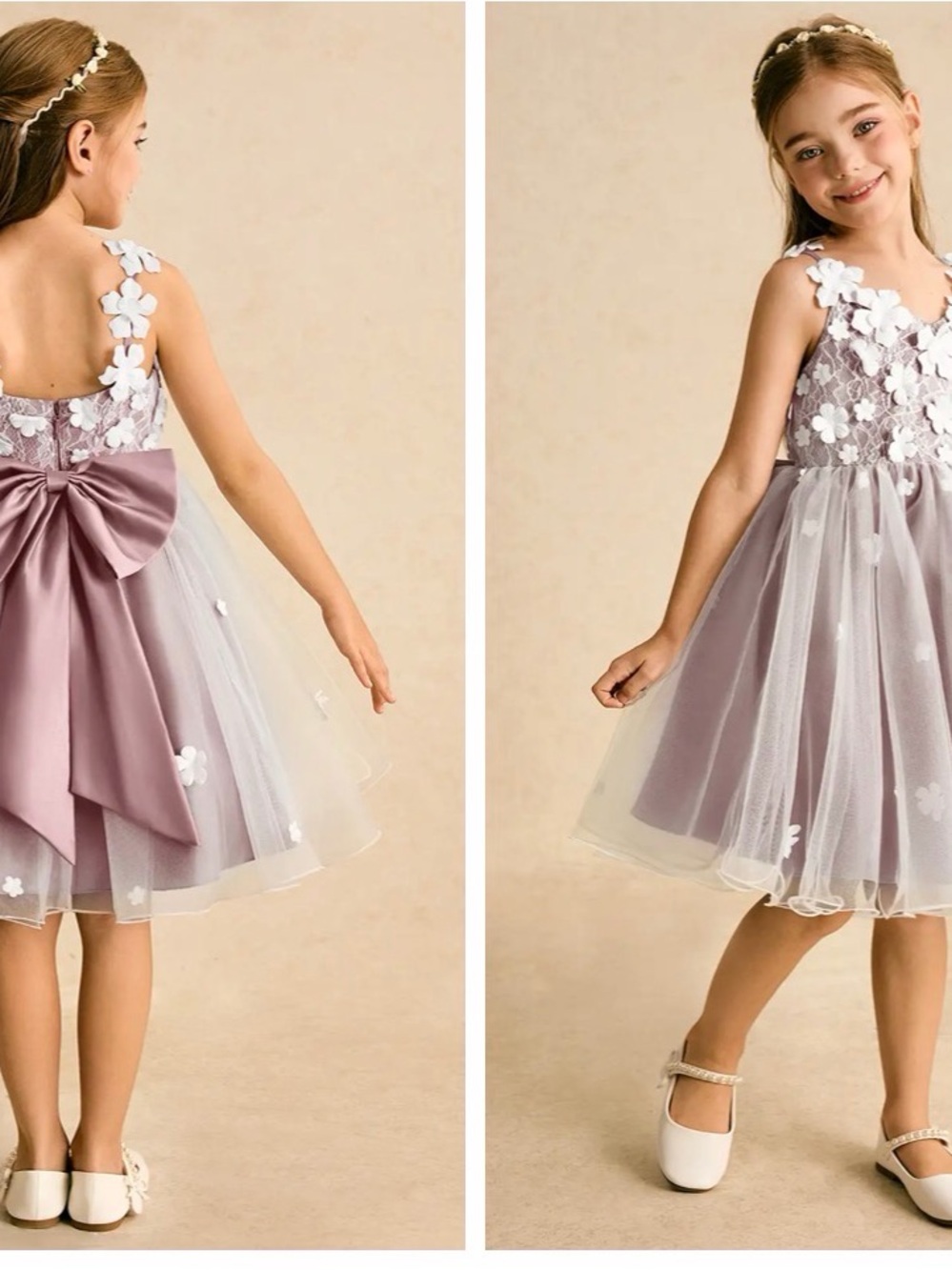 Azazie Girls Floral Applique Tulle Dress in Dusty Lavender with Back Bow